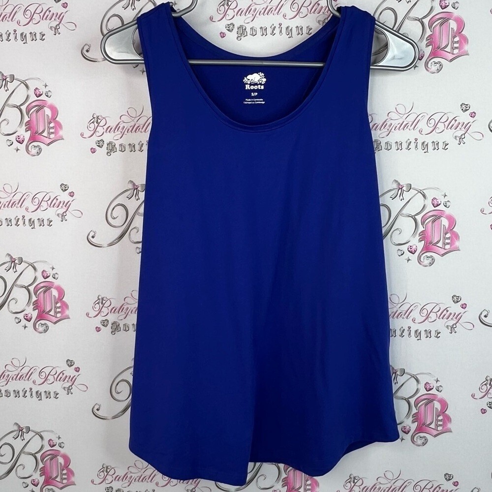Roots tank top royal Blue Sleeveless Top flowy logo on back racer back